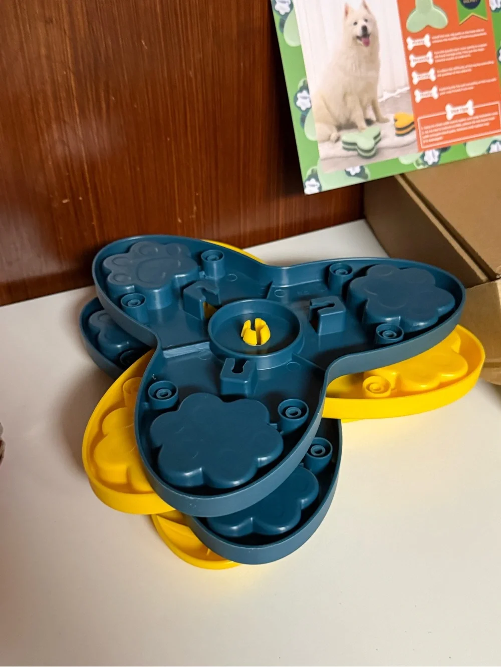 Interactive Yellow and Teal Dog Puzzle Feeder Toy